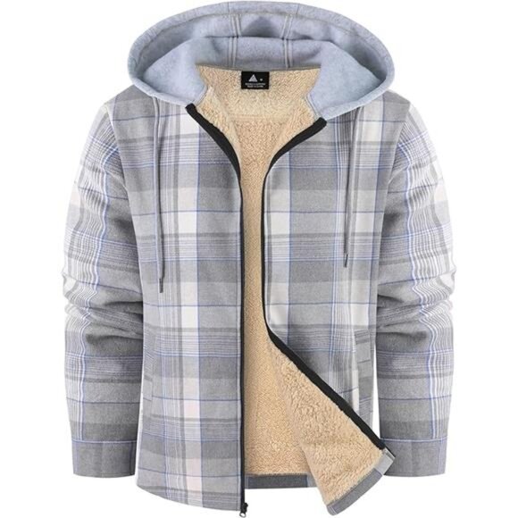 Flannel Plaid Jacket Long Sleeve Fleece Sherpa Lined Winter Jacket Warm Grey - Picture 7 of 7